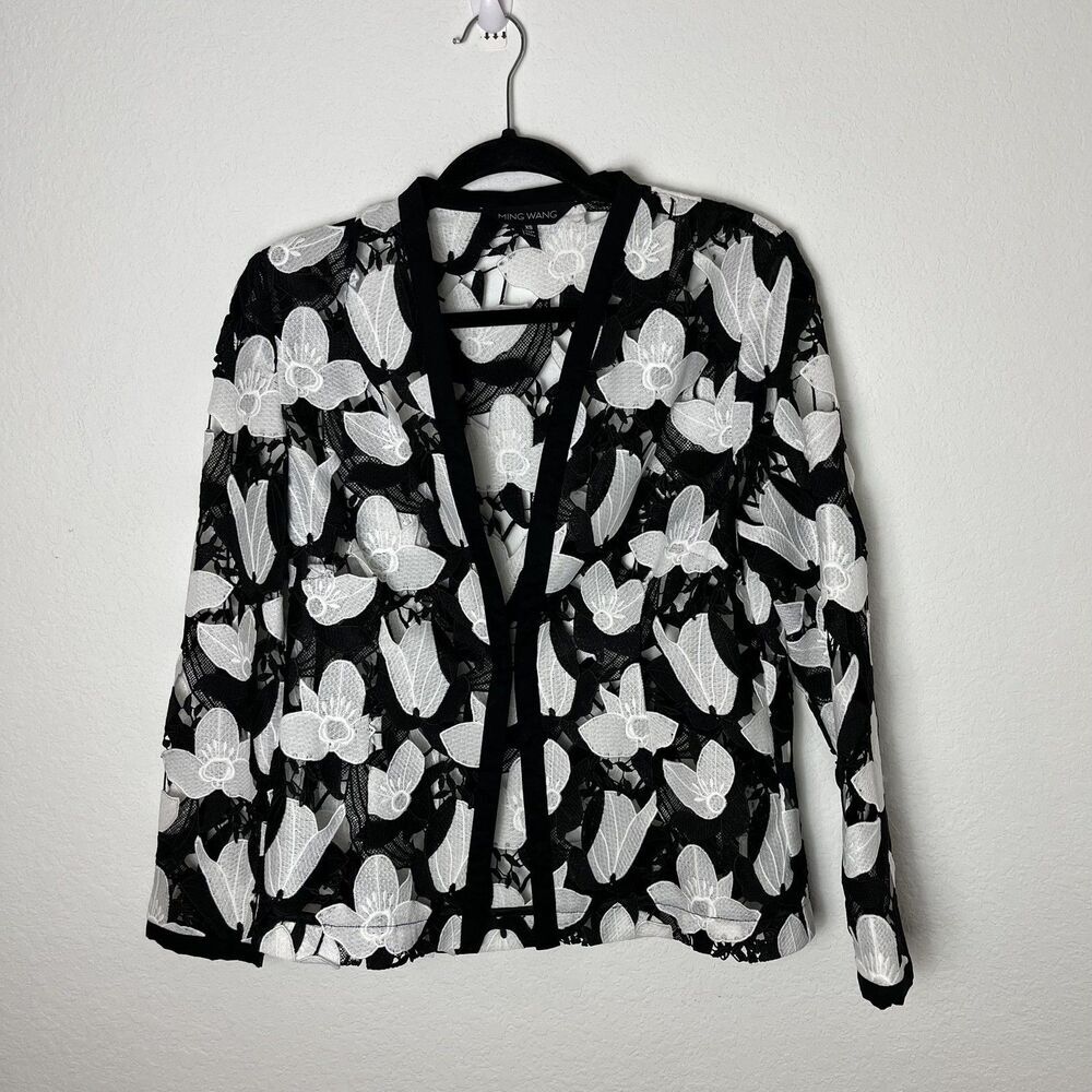 Ming Wang Jacket Womens XS Black White Lace Floral Embroidered Sheer Long Sleeve